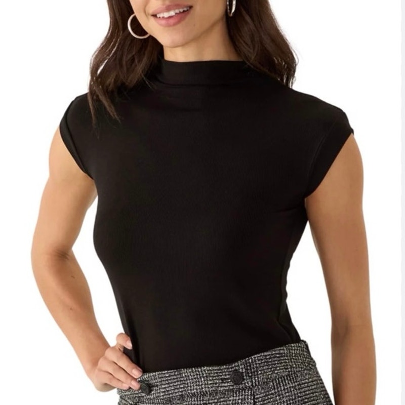 Jason Wu Size S Cap Sleeve High Mock Neck Ribbed Top Tee Black